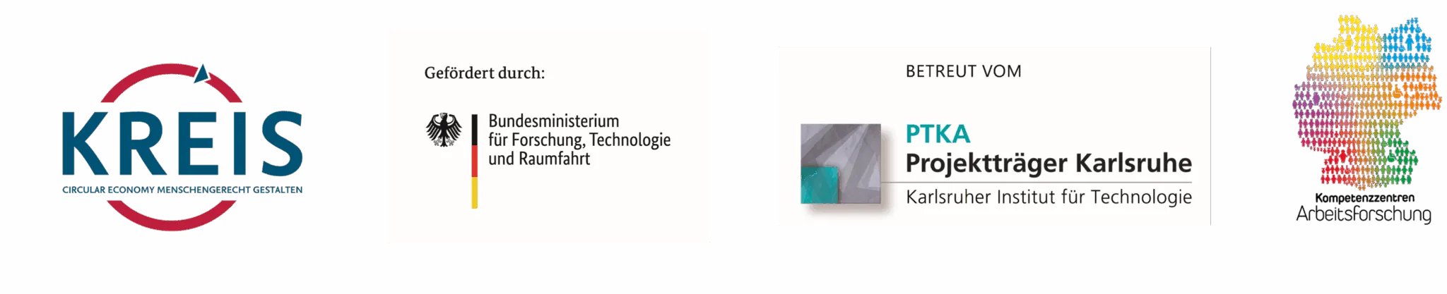 Logos der Projektpartner von KREIS: KREIS – Circular Economy menschengerecht gestalten, Bundesministerium für Forschung, Technologie und Raumfahrt (Gefördert durch), PTKA Projektträger Karlsruhe (Betreut vom) und Kompetenzzentren Arbeitsforschung